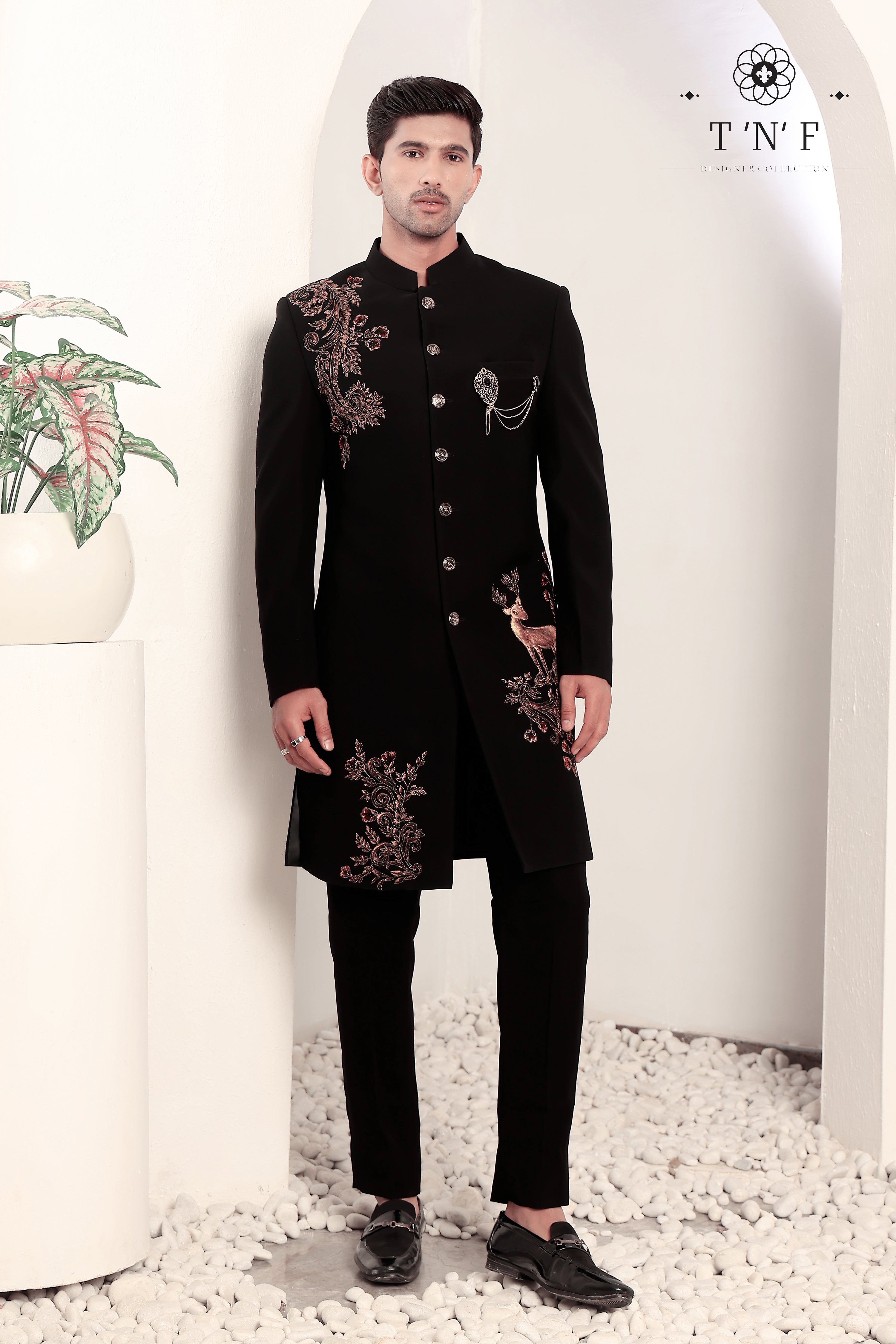 Regal Noir Stag Embroidered Indo-western