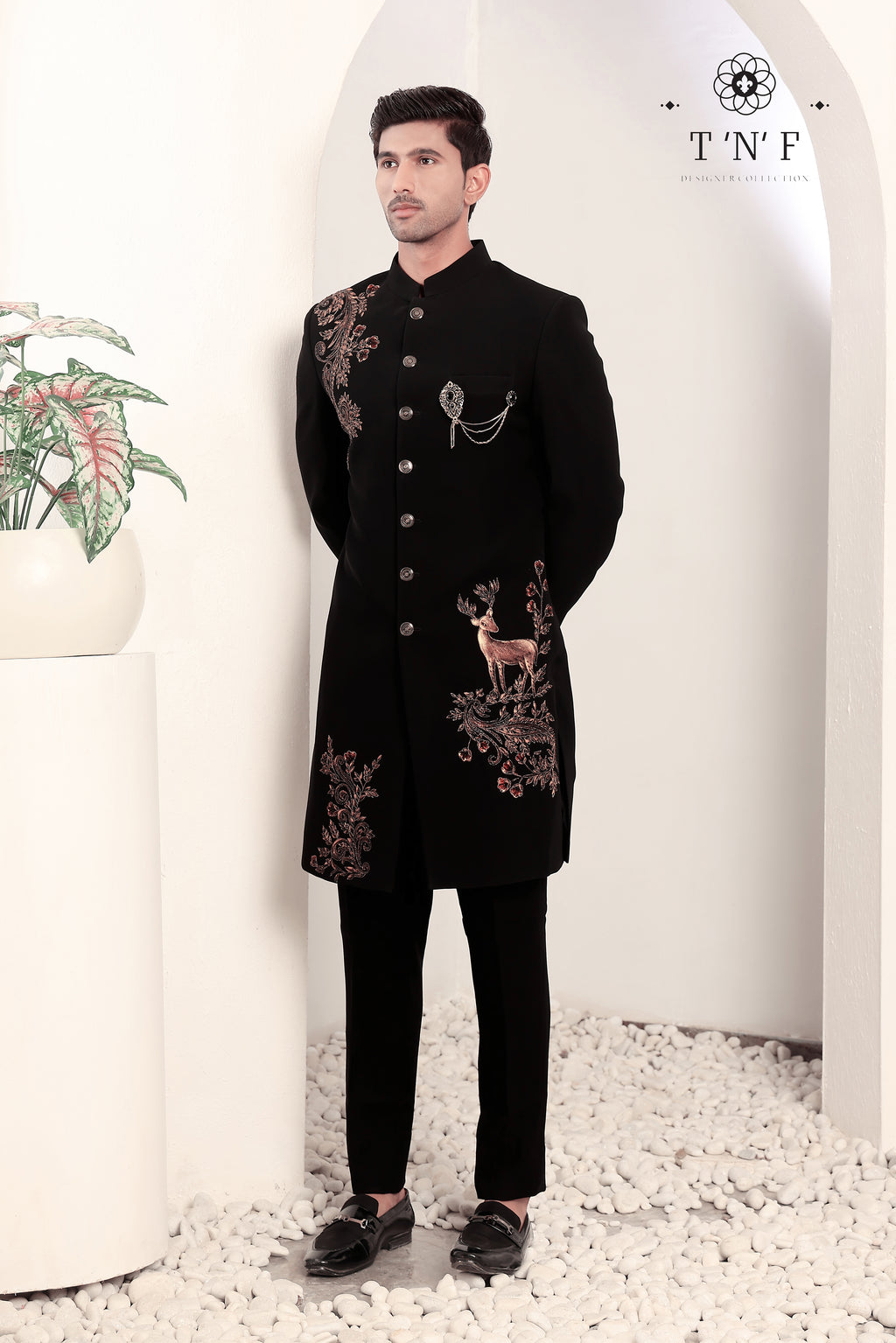 Regal Noir Stag Embroidered Indo-western
