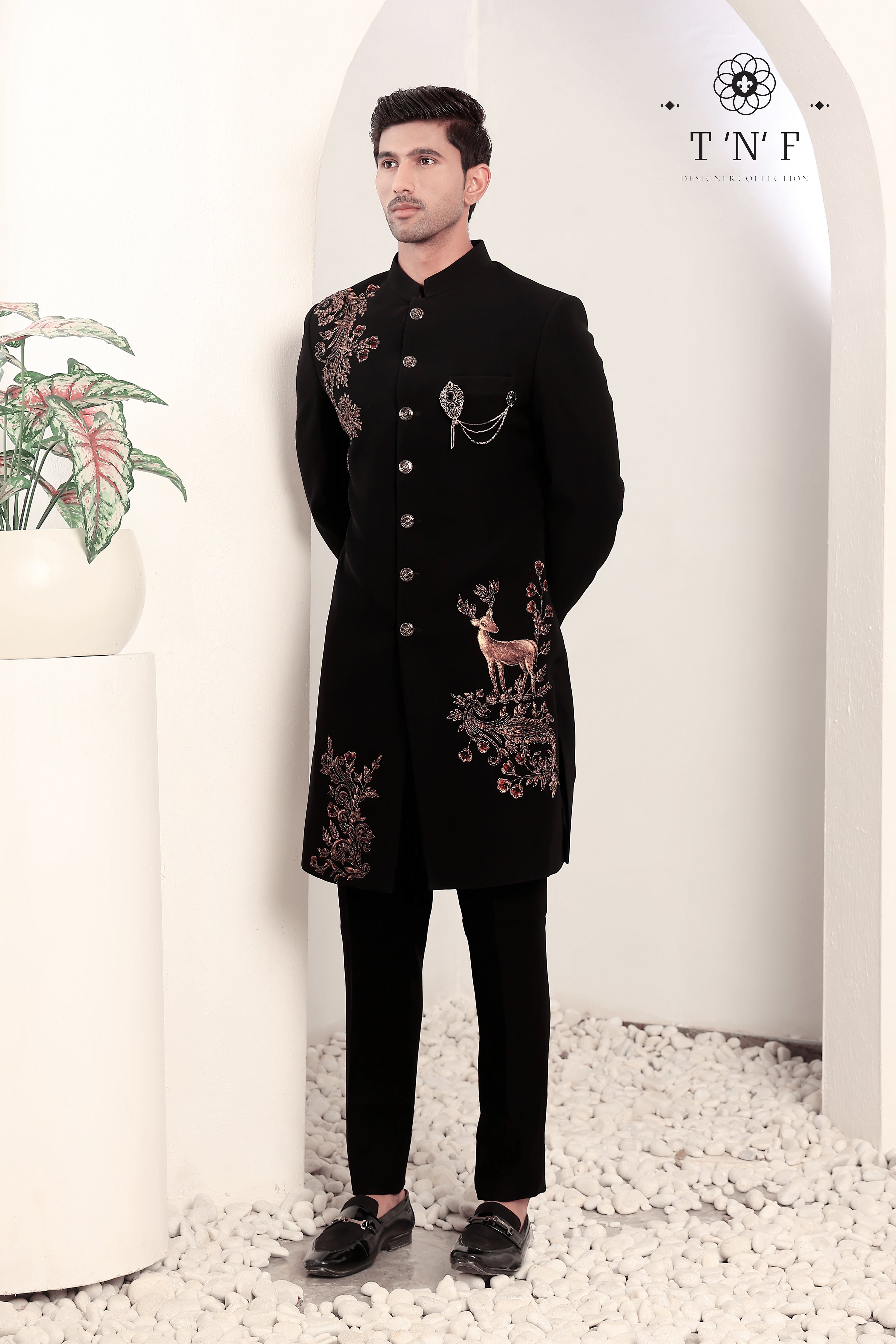 Regal Noir Stag Embroidered Indo-western
