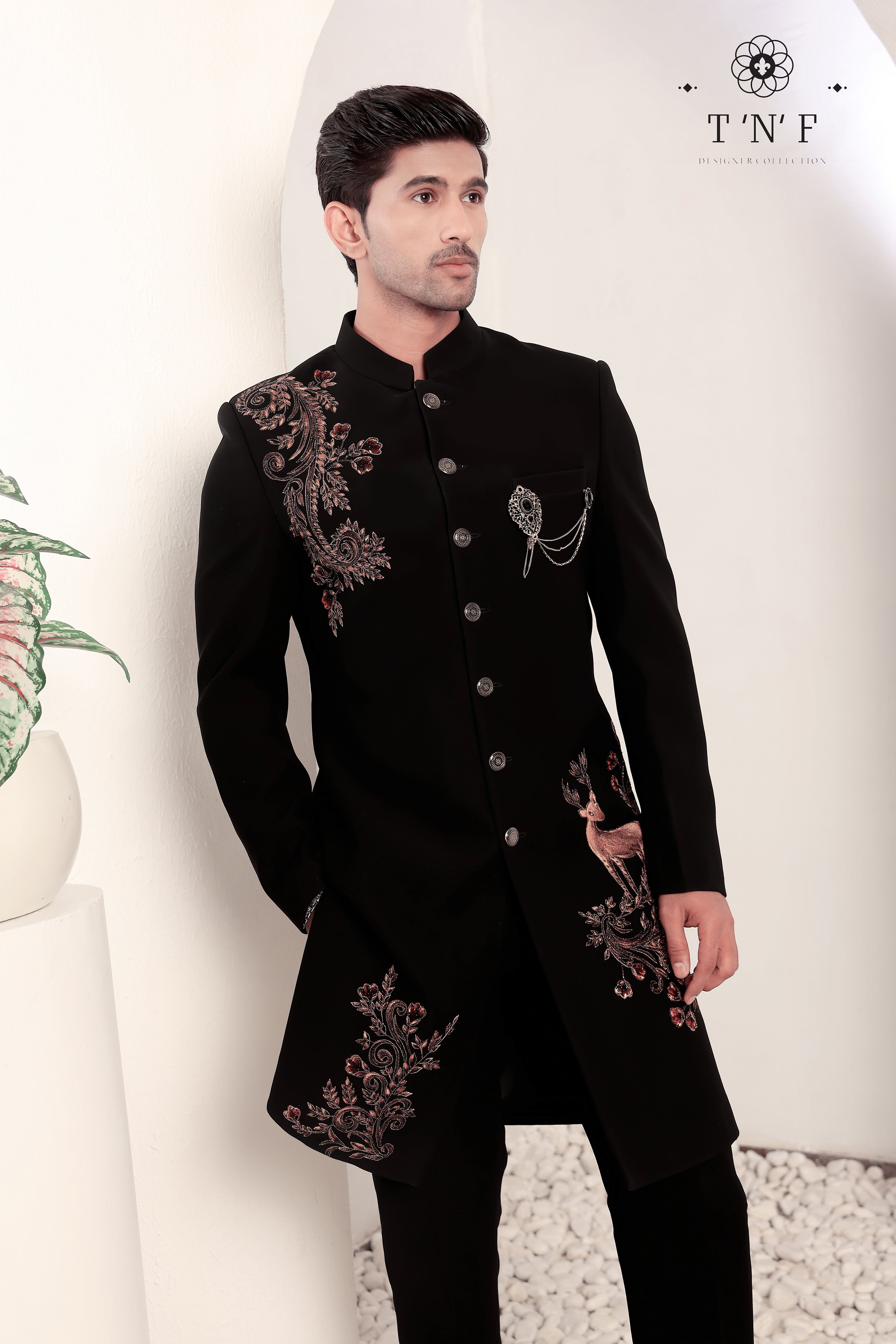 Regal Noir Stag Embroidered Indo-western