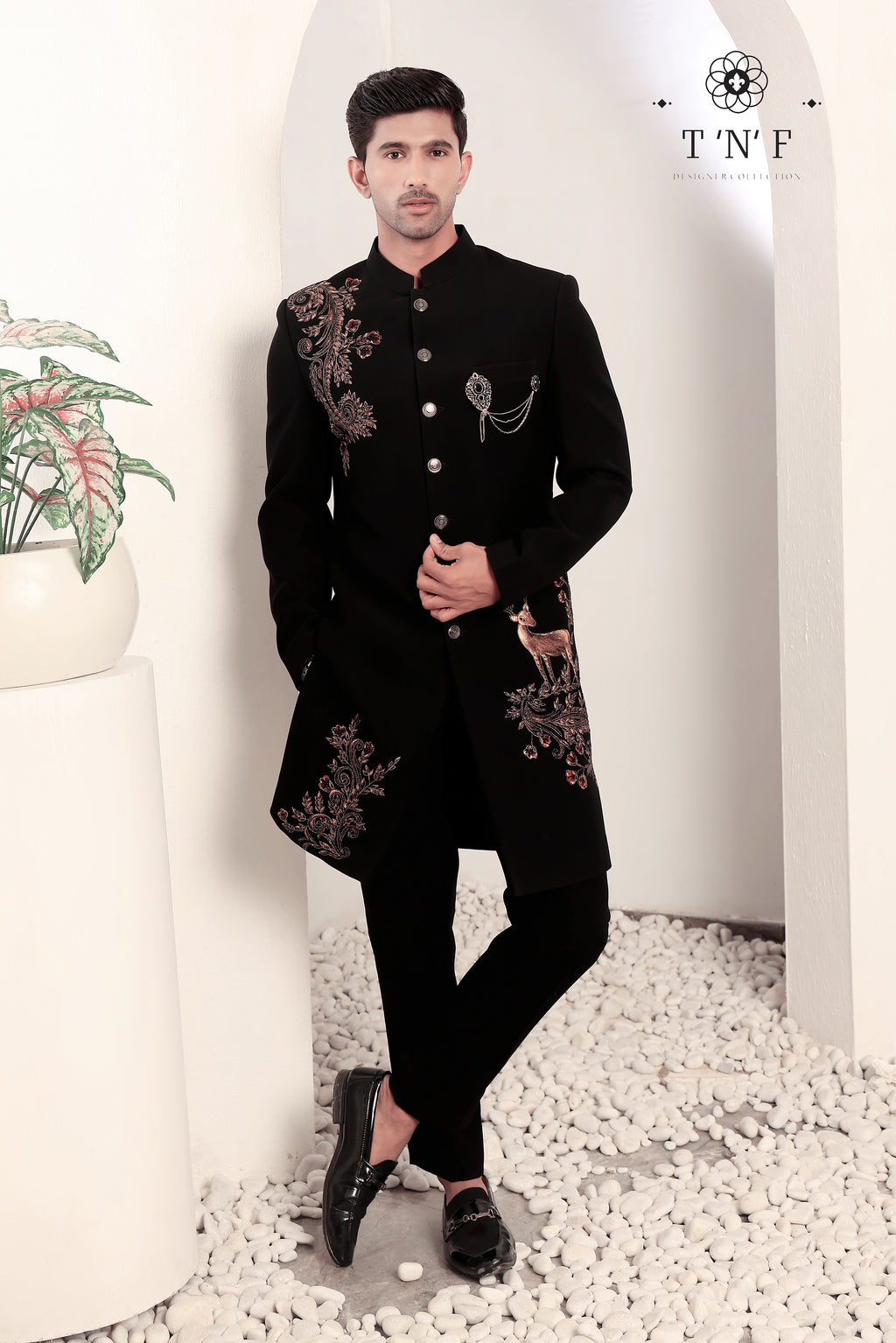Regal Noir Stag Embroidered Indo-western