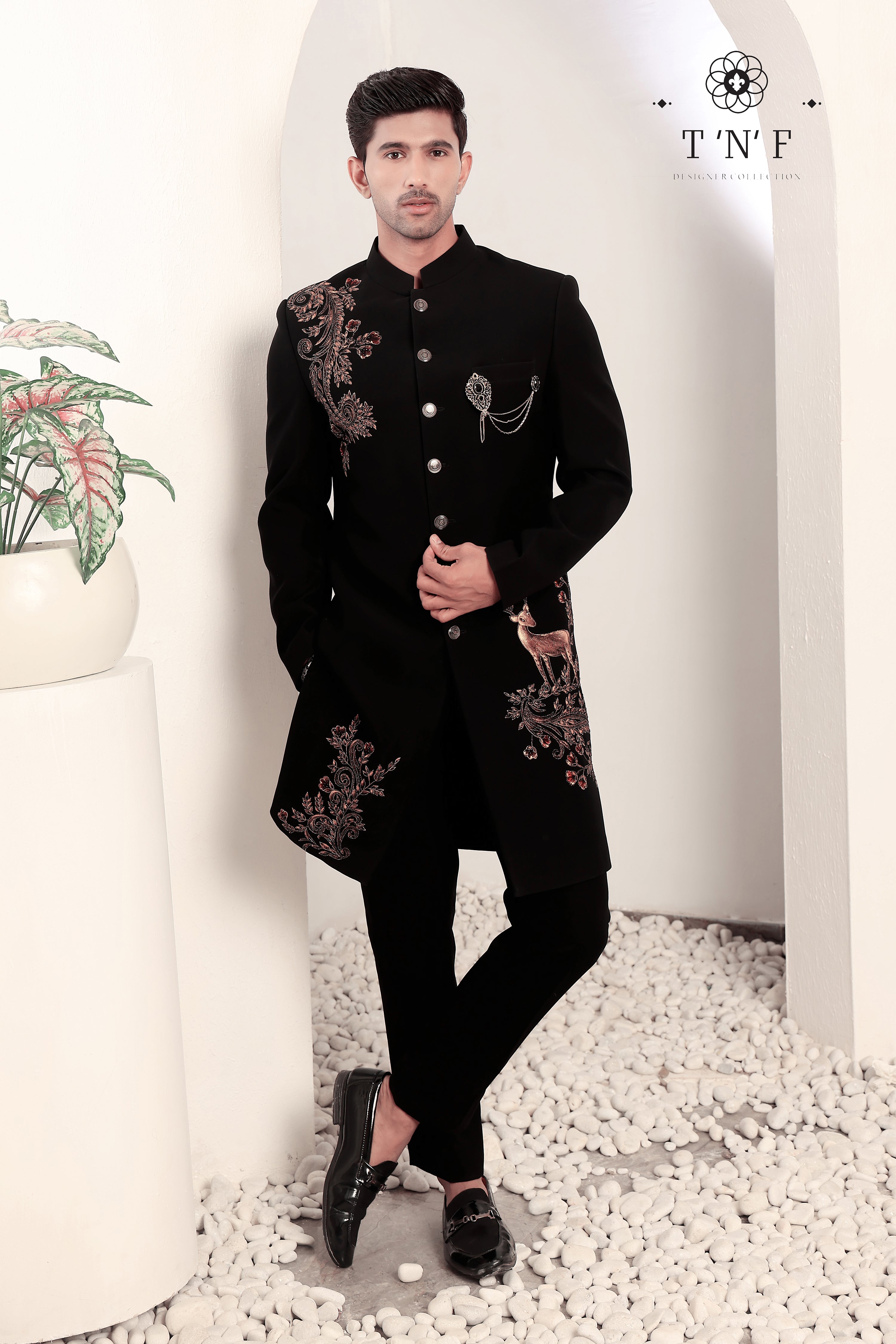 Regal Noir Stag Embroidered Indo-western