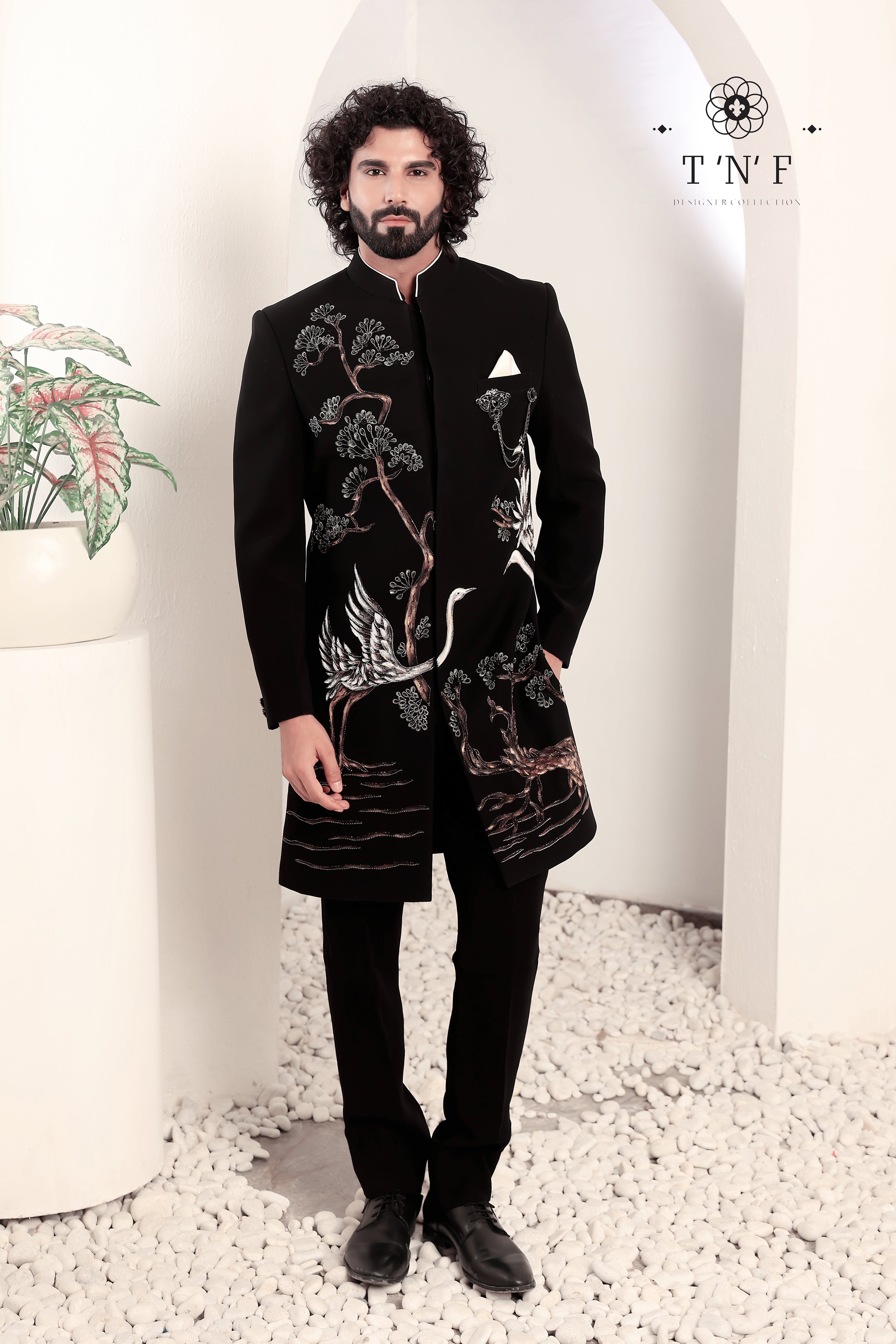 Eternal Crane Noir Embroidered Indo-western