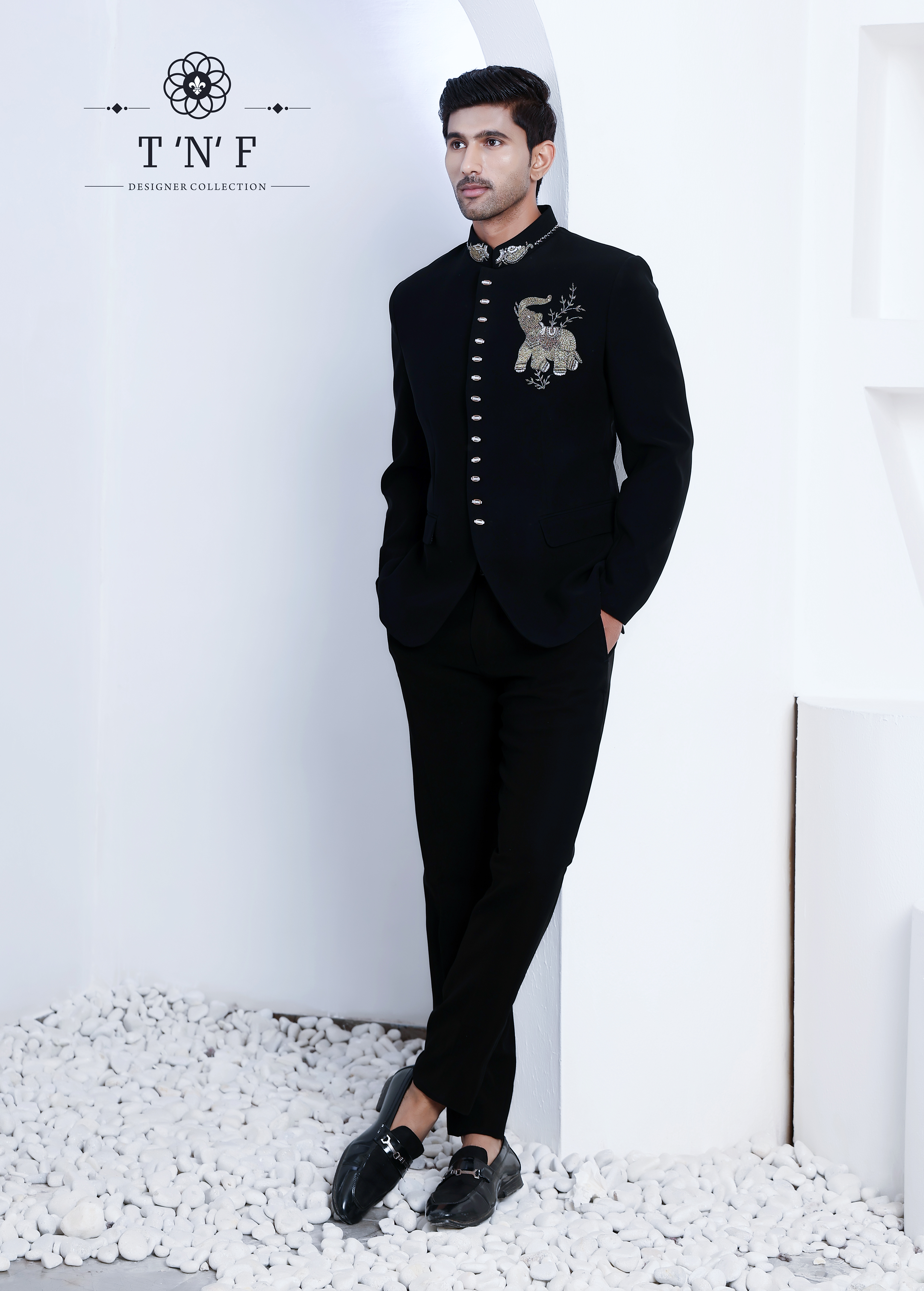 Black Bandgala with Embroidered Elephant Motif