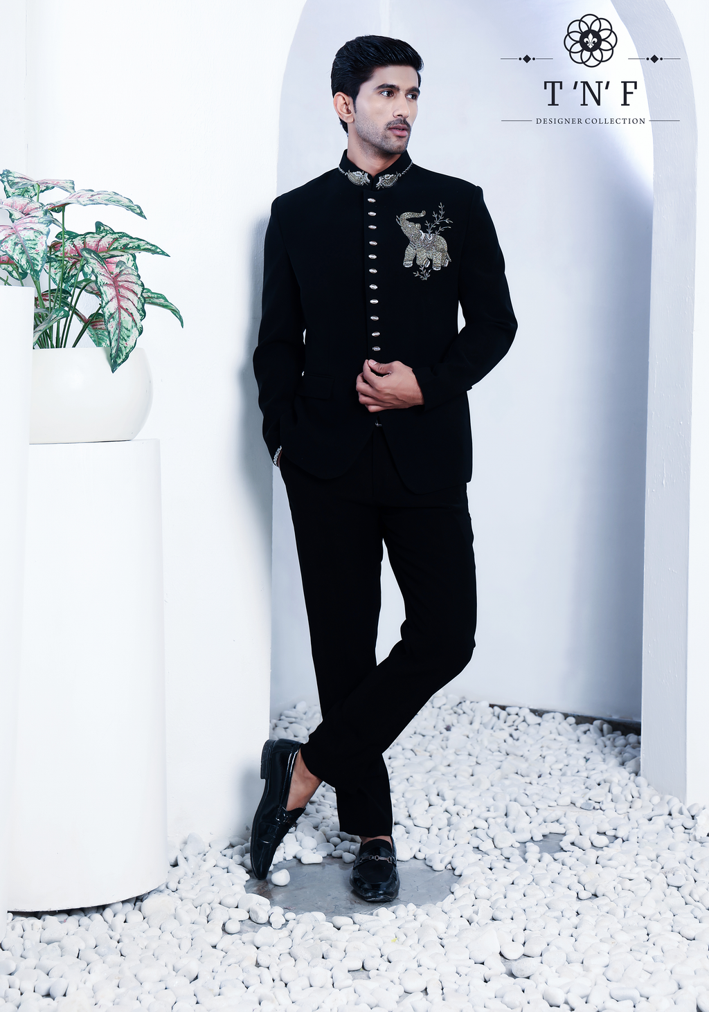 Black Bandgala with Embroidered Elephant Motif