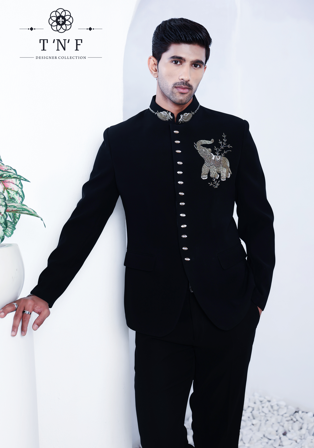 Black Bandgala with Embroidered Elephant Motif
