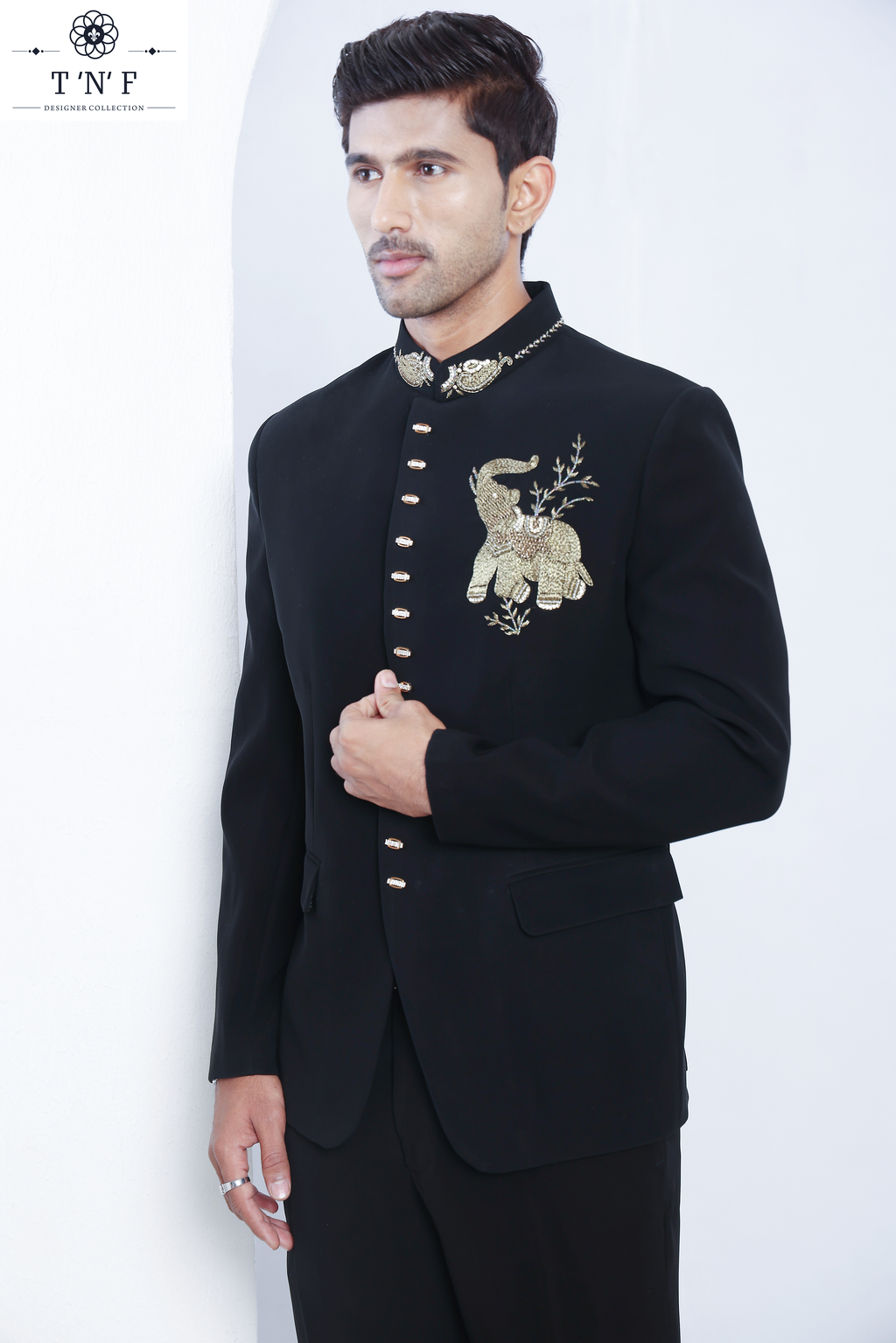 Black Bandgala with Embroidered Elephant Motif