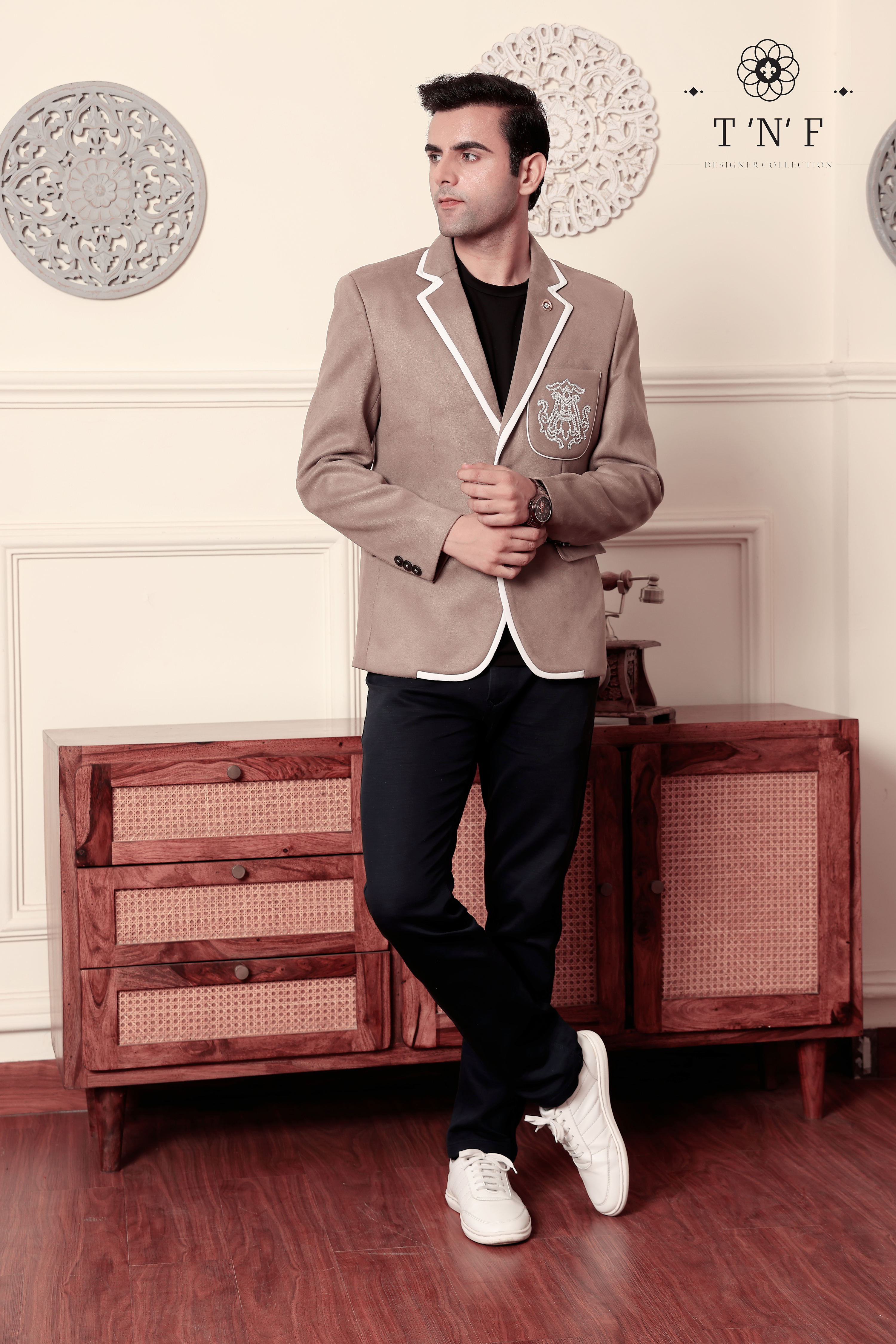 Beige Crest Embroidered Blazer