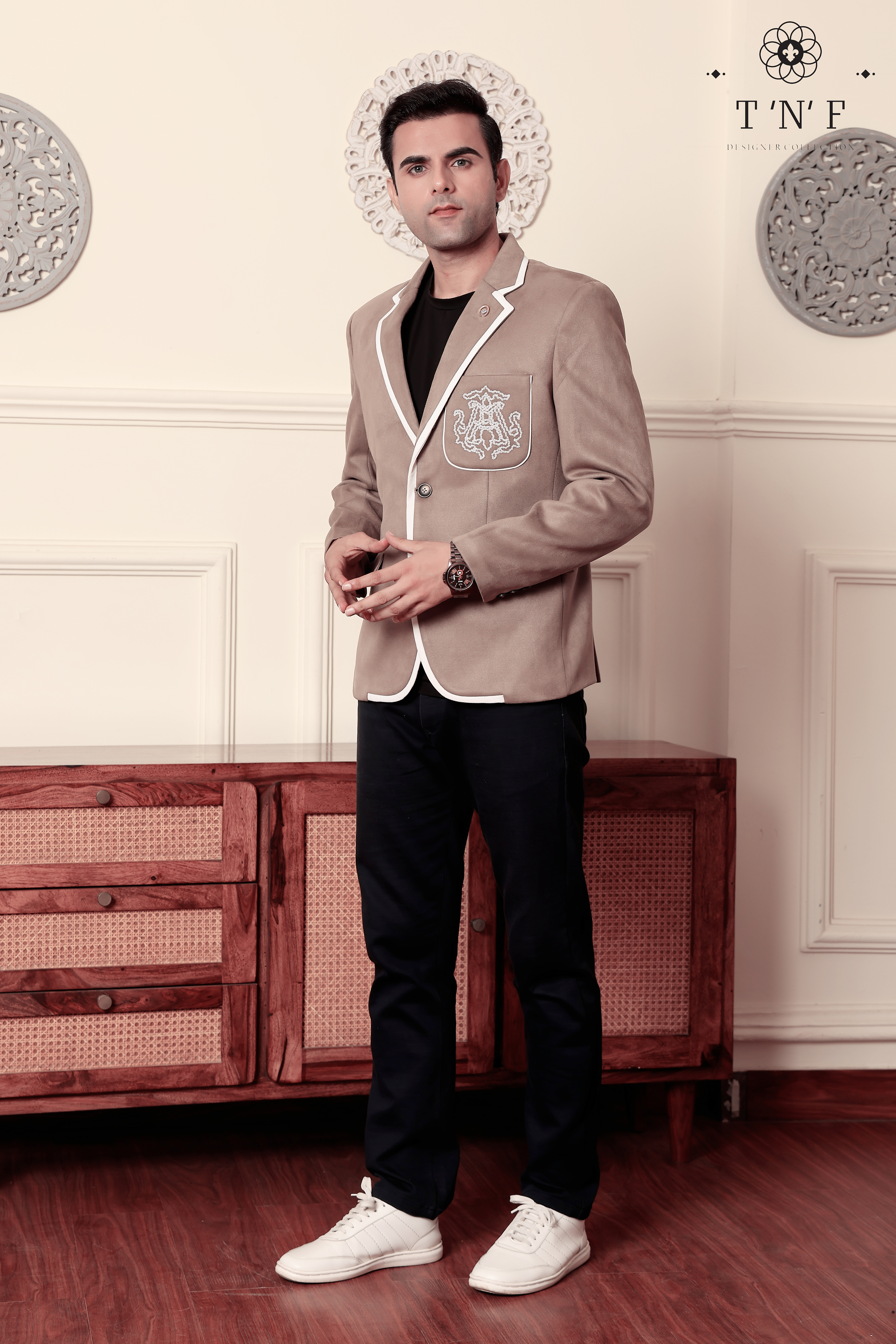 Beige Crest Embroidered Blazer