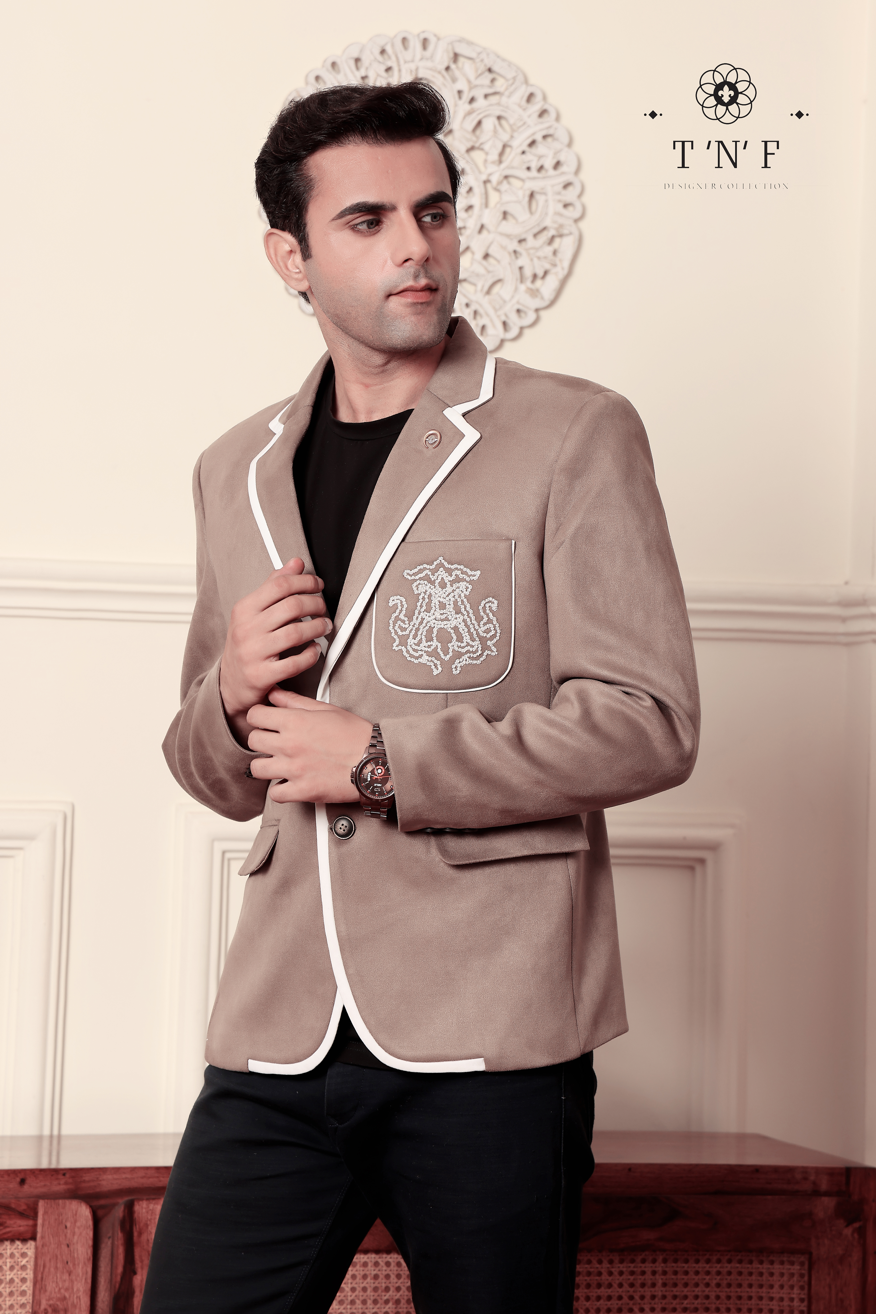 Beige Crest Embroidered Blazer