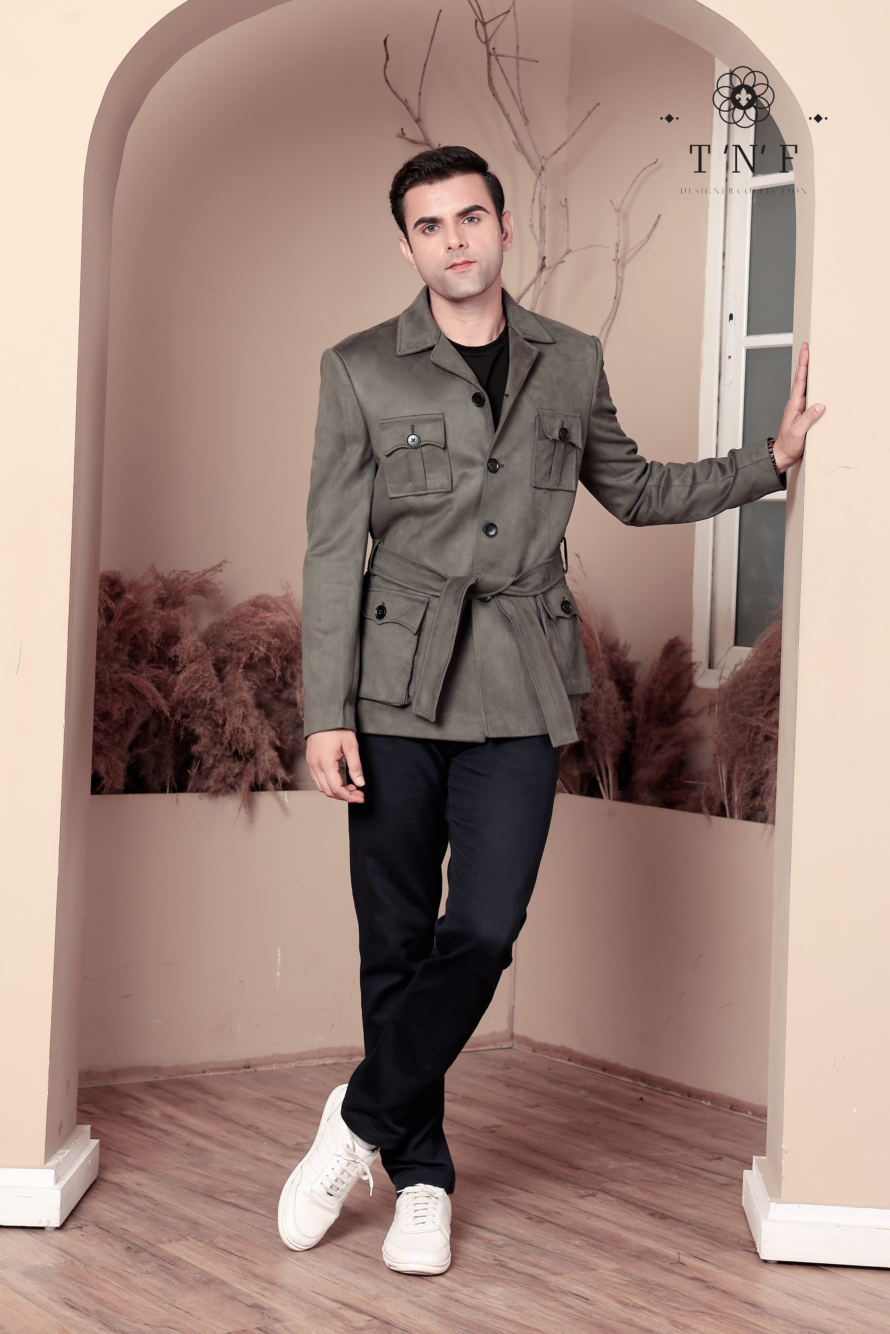 Olive Belted Safari Blazer