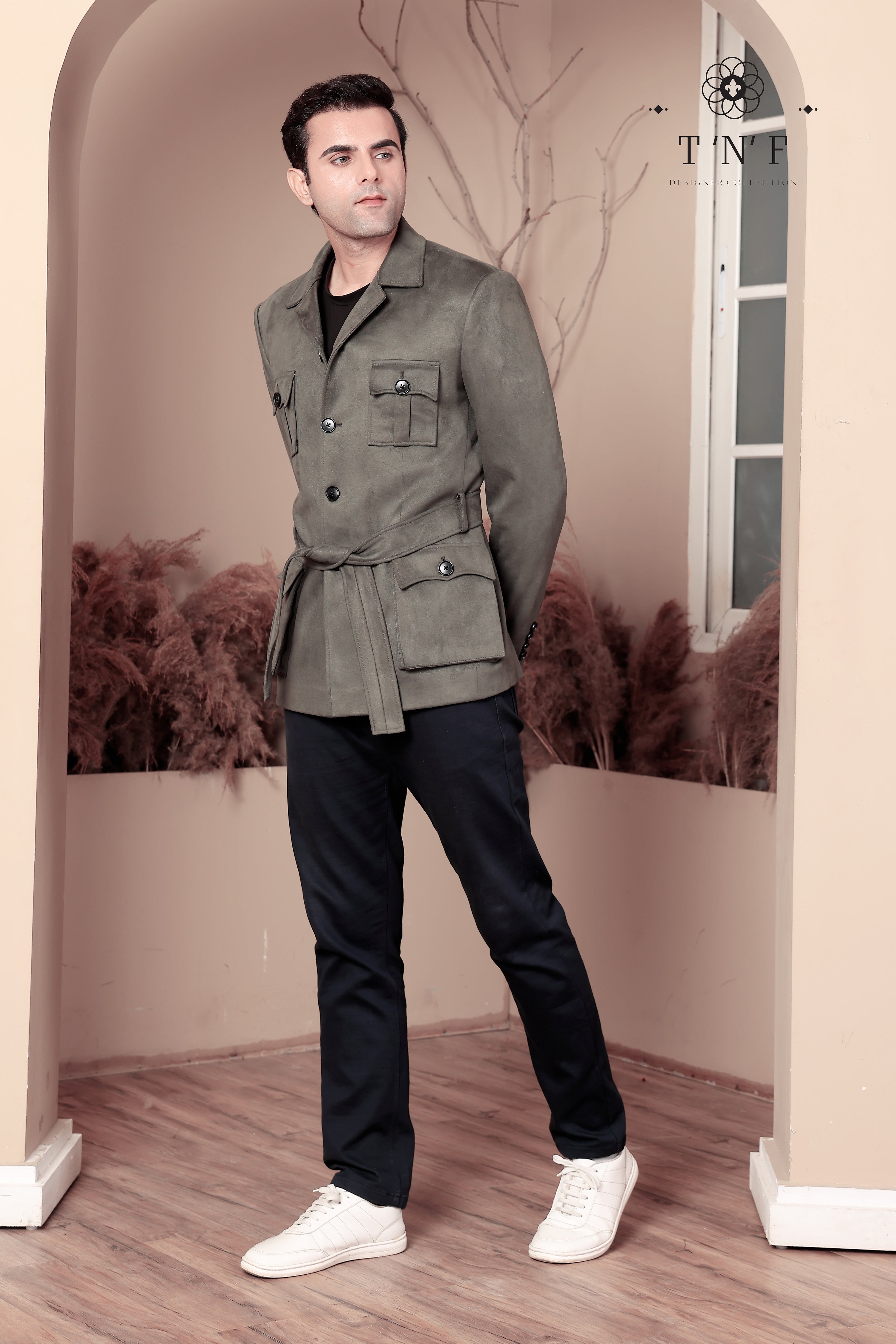 Olive Belted Safari Blazer